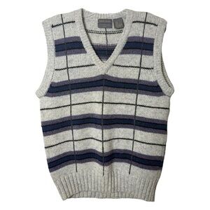 NWT Vtg 80s Wool Sweater Vest Men’s Size Small Grey Striped Preppy Robert Stock